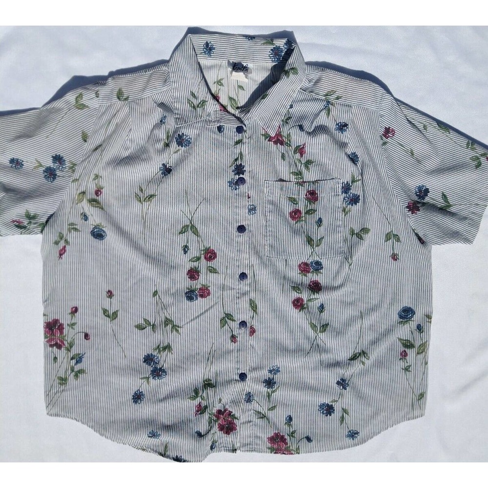 🌈 Vintage 80's Tap & Co Striped Rose Button Up Blouse Shoulder Pads Size22